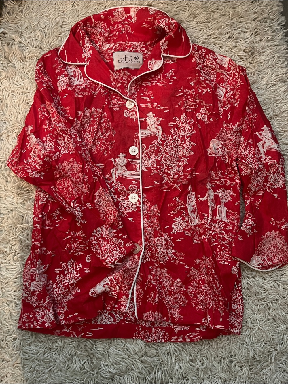Cat’s Red Toile-Print Women's Pajama Top with White Piping
